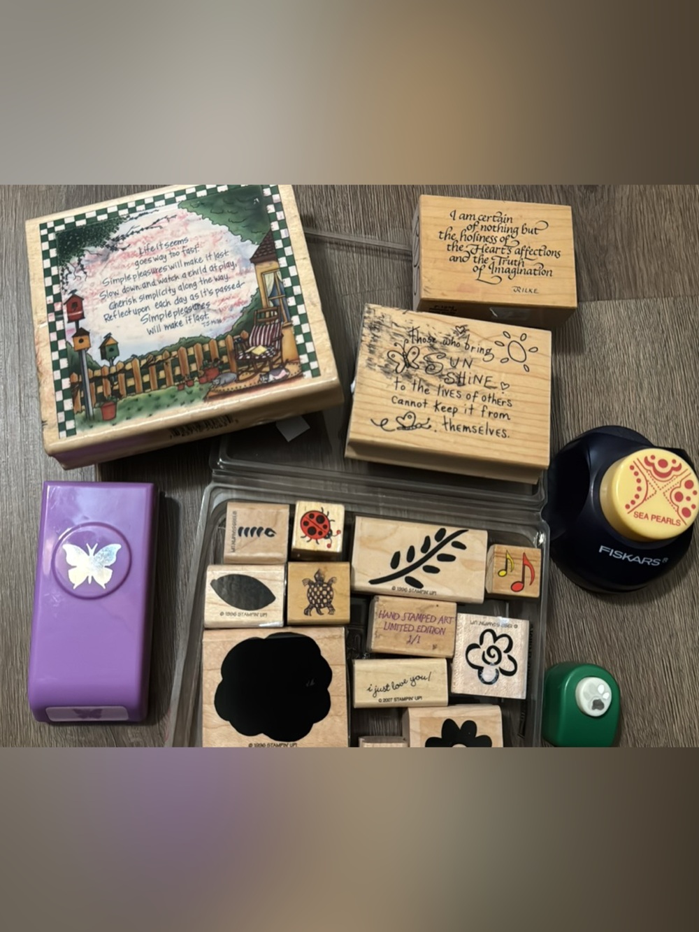 Crafting Lot - Wood Mounted Rubber Stamps & Scrapbook Punches